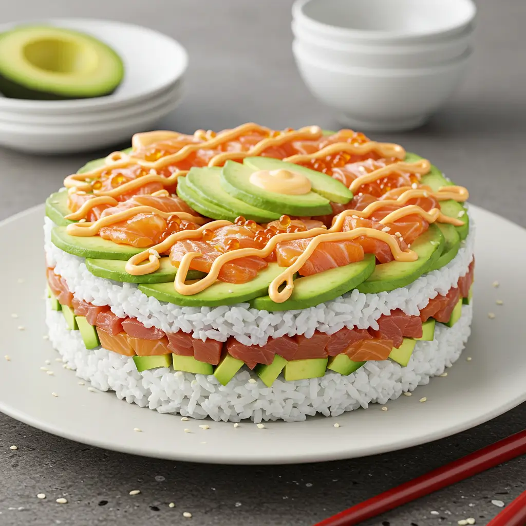 A beautifully layered sushi cake with rice, salmon, avocado, and spicy mayo, garnished with salmon roe and sesame seeds.