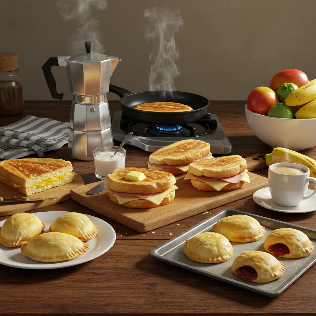 Cuban breakfast with toasted sandwiches, pastelitos, coffee, and fresh fruits on a wooden table.