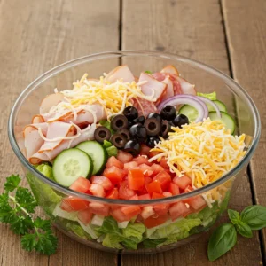 A fresh "Sub in a Tub" salad featuring deli meats, cheese, and vegetables in a glass bowl.