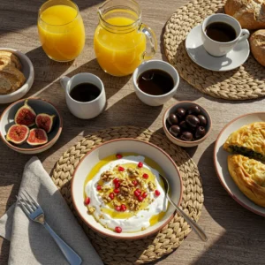 A traditional Greek breakfast spread featuring yogurt with honey, walnuts, and pomegranate seeds, fresh figs, olives, pastries, coffee, and orange juice.