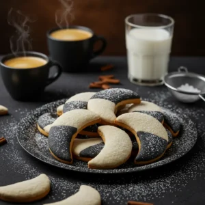 A plate of crescent-shaped moon cookies, half-covered in black icing and dusted with powdered sugar, served with cups of coffee and a glass of milk.