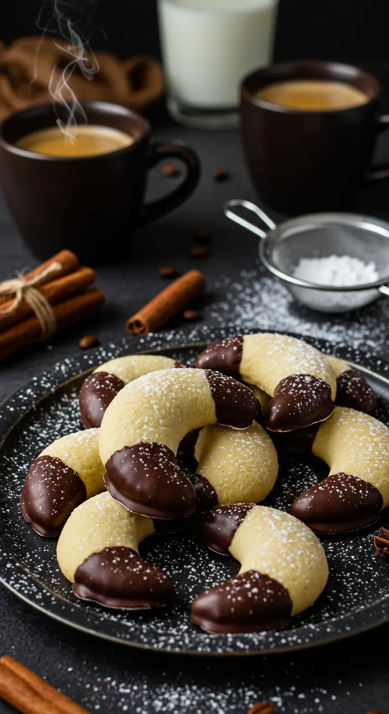 A plate of crescent-shaped moon cookies, half-dipped in dark chocolate and dusted with powdered sugar, with steaming cups of coffee and a glass of milk in the background.