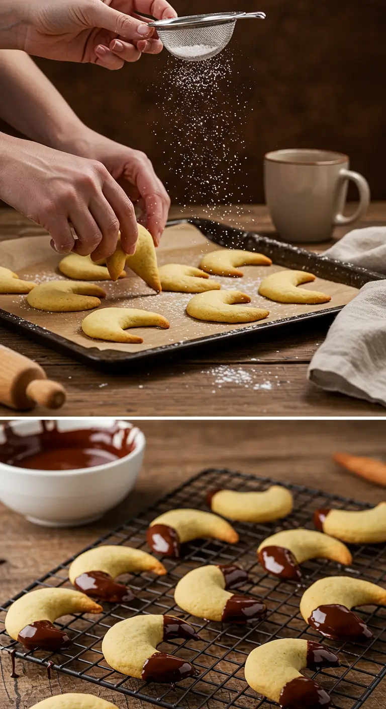 A baker preparing crescent-shaped moon cookies, dusting powdered sugar over them and dipping the cookies in dark chocolate.