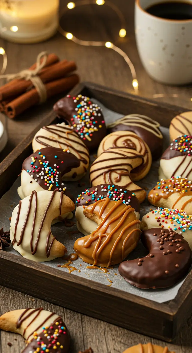 A tray of moon-shaped cookies decorated with chocolate, caramel, and sprinkles, with a cup of coffee and cinnamon sticks in the background.