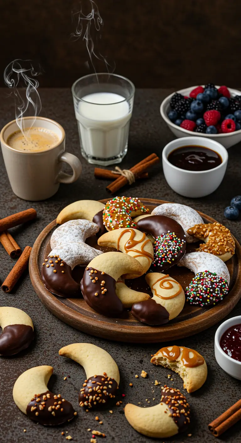 A plate of moon-shaped cookies decorated with chocolate, caramel, and sprinkles, accompanied by a cup of coffee, a glass of milk, and fresh berries.
