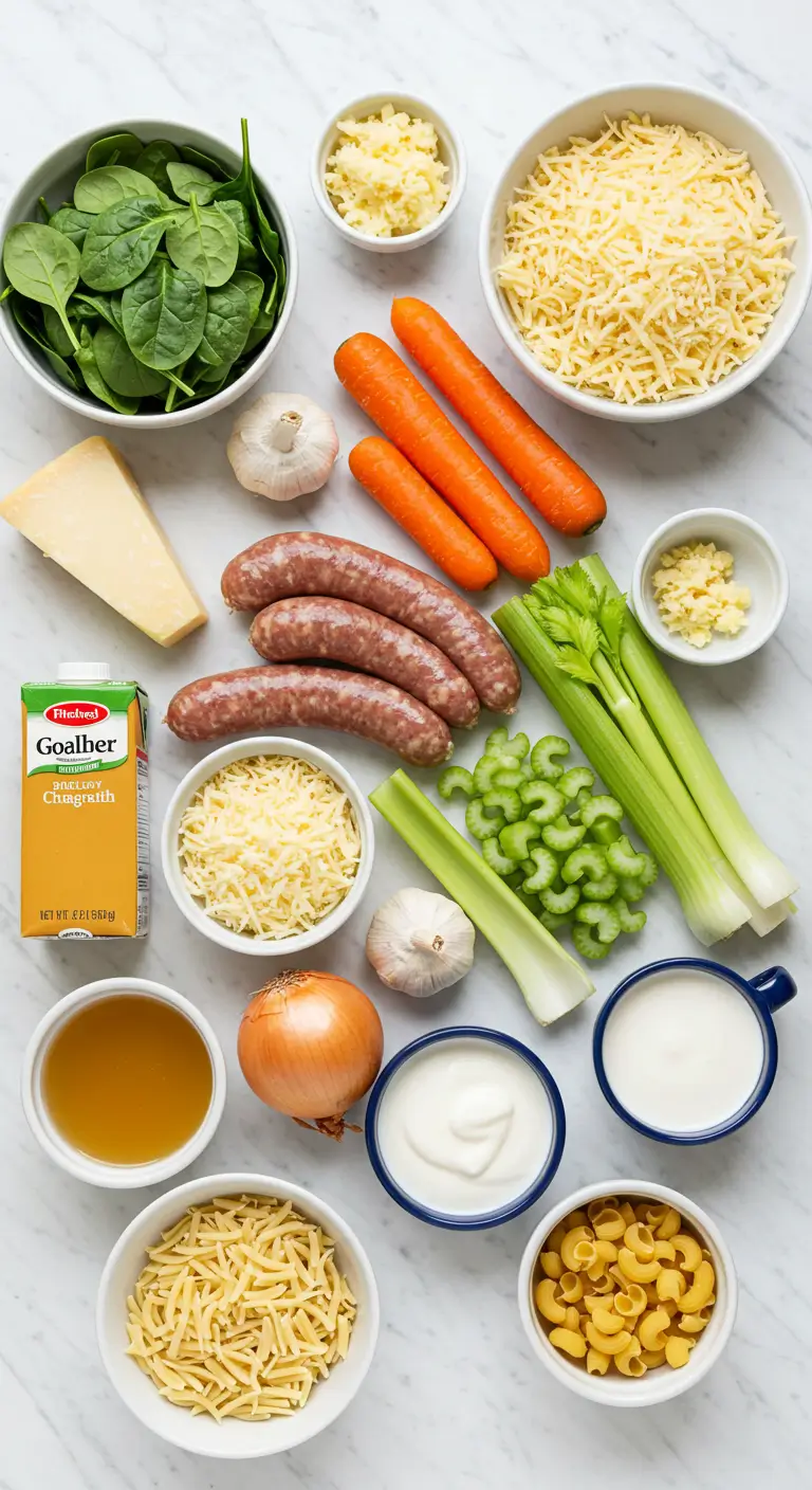 Ingredients for creamy parmesan Italian sausage soup neatly arranged on a white marble surface.