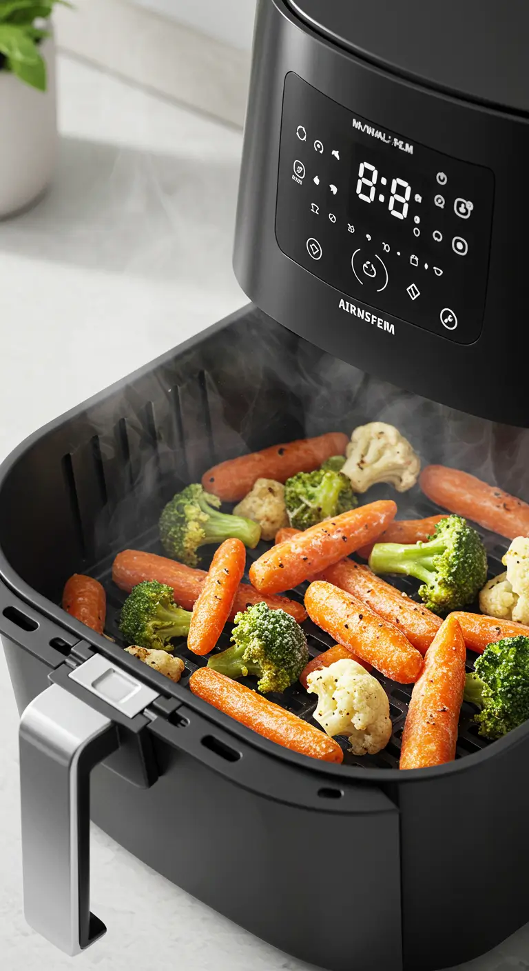 Freshly air-fried baby carrots, broccoli, and cauliflower seasoned with spices, steaming inside a modern air fryer.