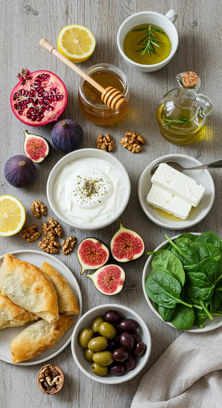 A beautifully arranged Greek breakfast featuring yogurt, feta cheese, olives, figs, walnuts, honey, spinach, and pastries on a rustic wooden table.