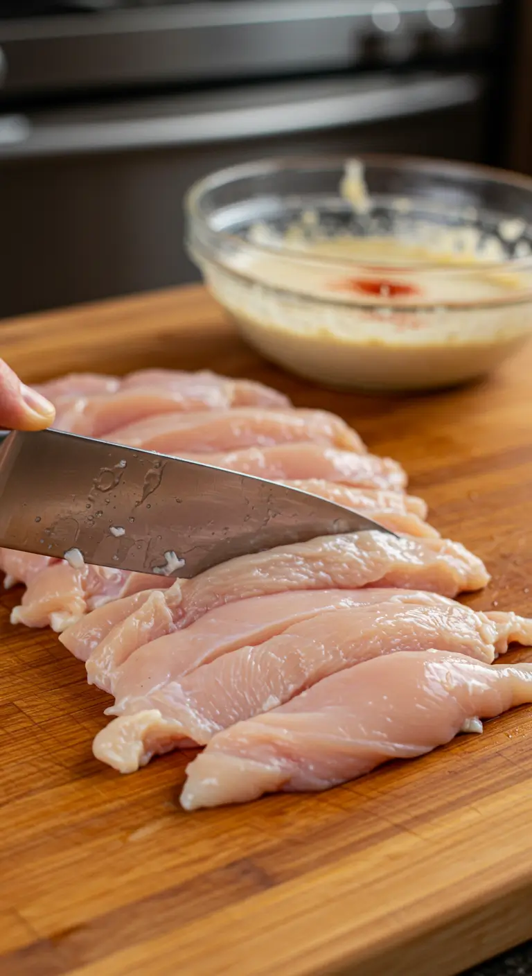 A close-up of raw chicken tenders and fries being sliced on a wooden cutting board, with a bowl of seasoned batter in the background.