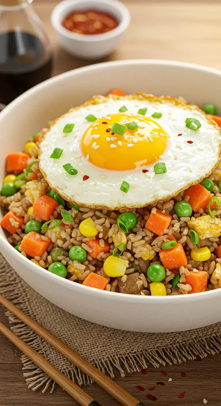 A bowl of fried rice with diced carrots, peas, corn, and topped with a sunny-side-up egg, garnished with green onions and sesame seeds.