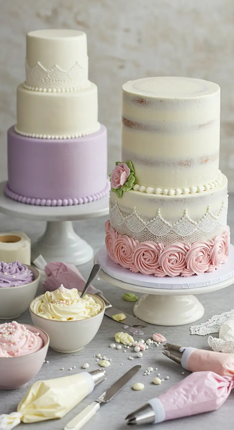 Elegant vintage cakes decorated with buttercream rosettes, lace piping, and pastel colors.