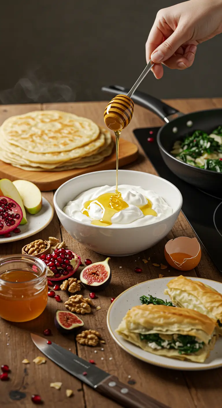 A hand drizzles honey over a bowl of Greek yogurt, surrounded by fresh figs, pomegranate, walnuts, spanakopita, and warm flatbreads on a rustic wooden table.