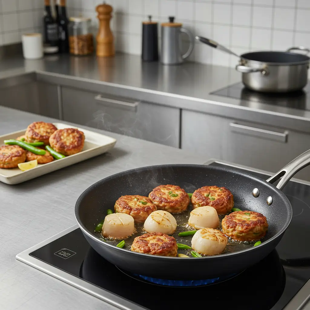 A close-up of a frying pan with fishcakes and scallops being stir-fried alongside green beans on a stovetop. A plate with additional fishcakes and garnishes is visible in the background.