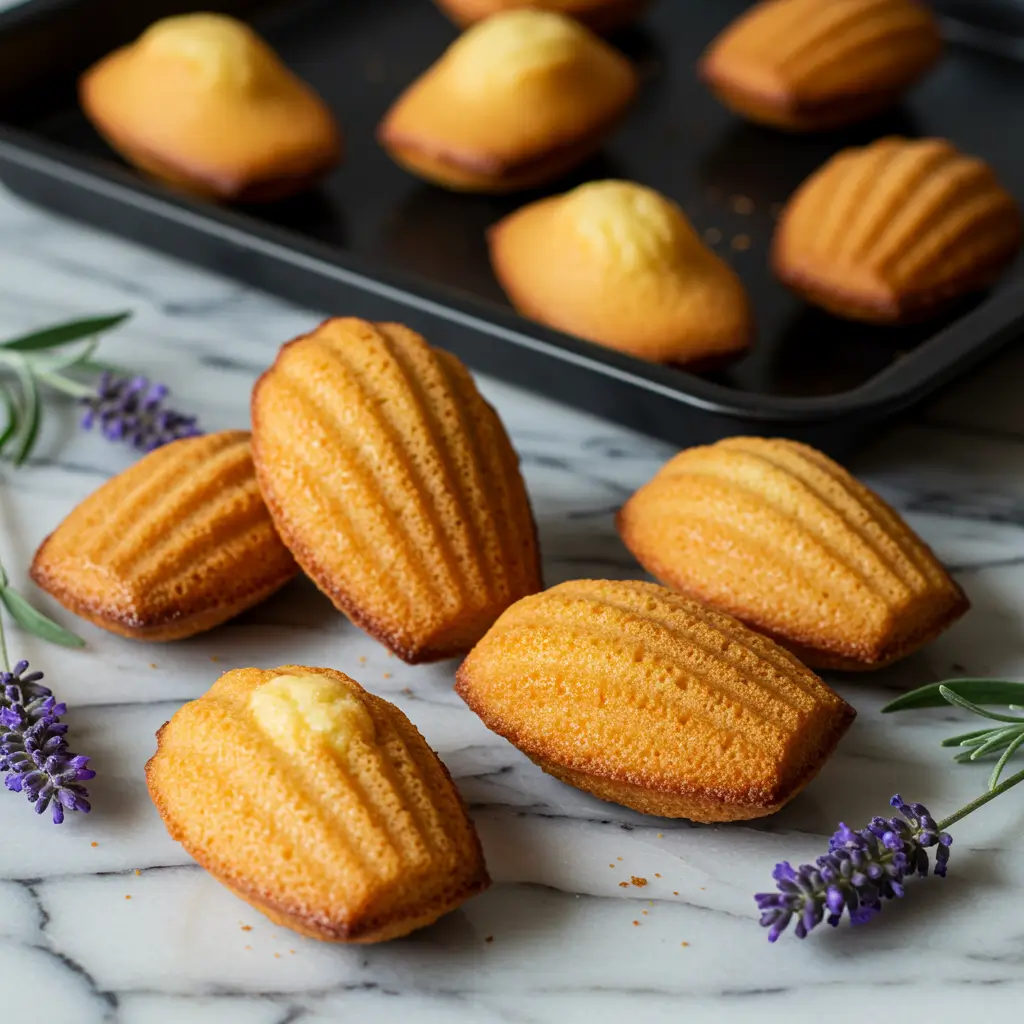 Freshly baked madeleine cookies served with a hint of lavender, showcasing a soft, golden texture.