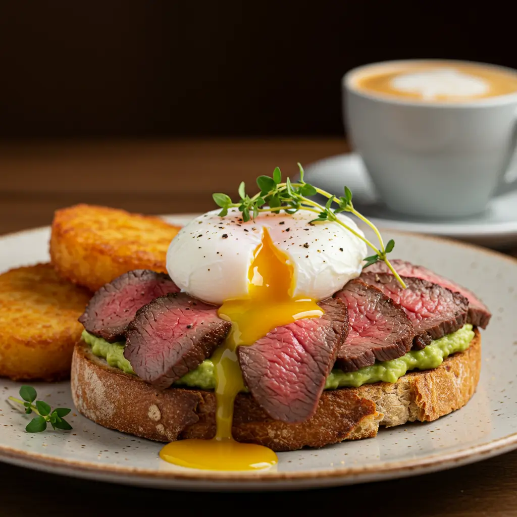 A gourmet wagyu beef breakfast featuring sliced medium-rare wagyu on avocado toast, topped with a poached egg and fresh herbs, served with crispy hash browns and a cup of cappuccino.