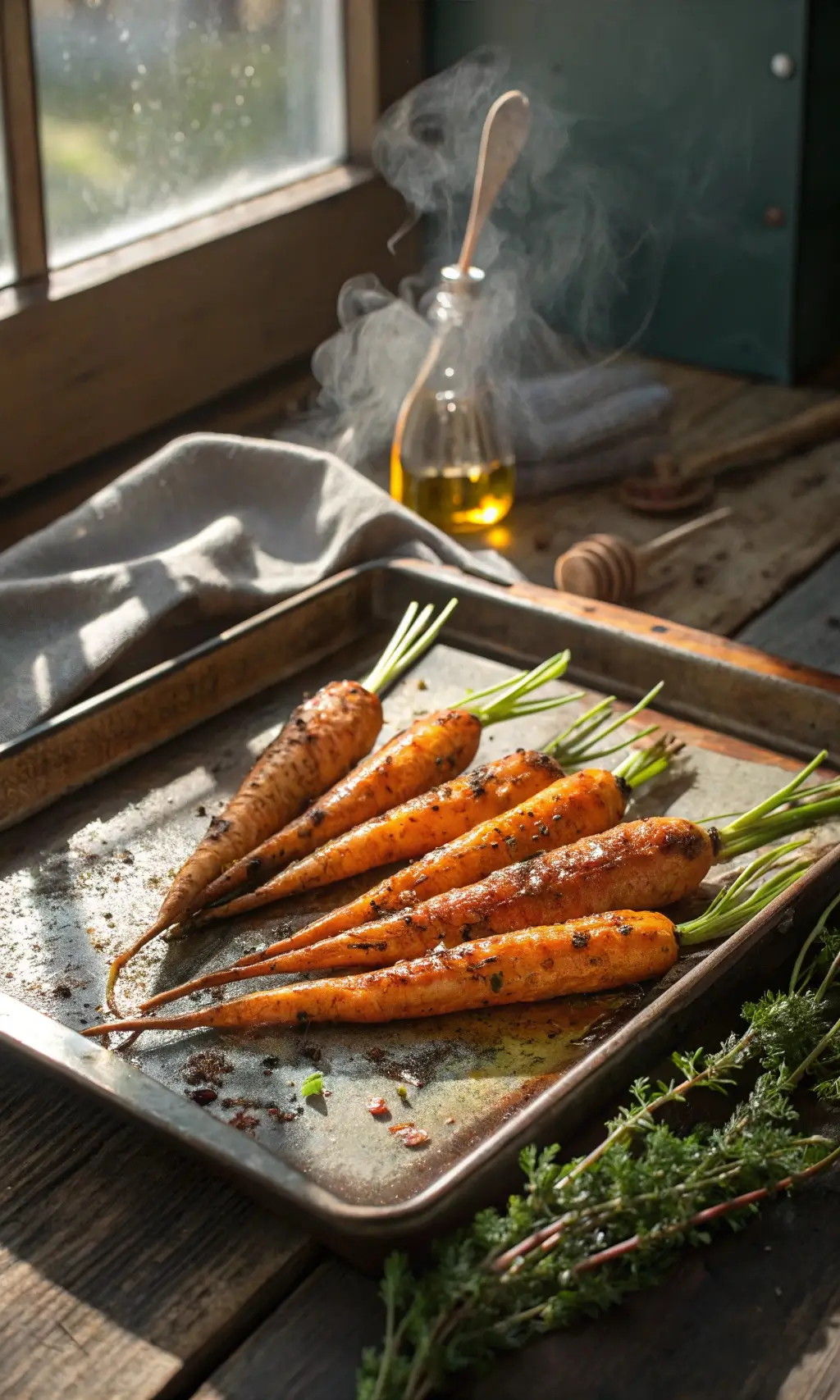 A rustic baking tray with roasted whole carrots, seasoned with herbs and spices, glistening with oil, set in warm natural light.