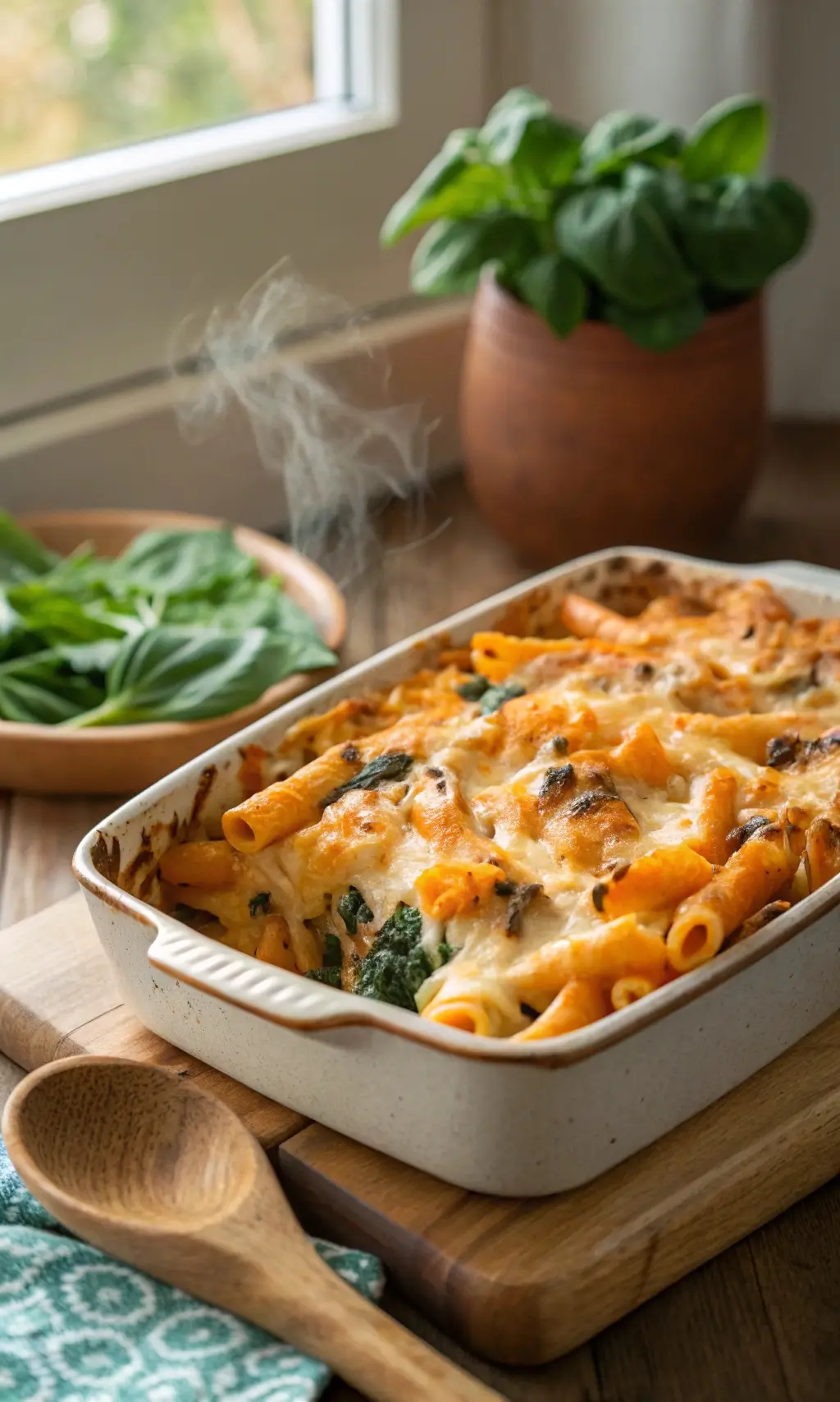 A steaming, golden-brown baked pasta dish with diced carrots, spinach, and melted cheese in a creamy sauce, served in a ceramic baking dish.