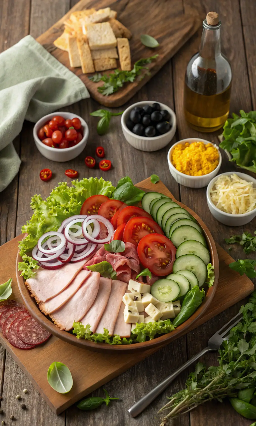 A beautifully arranged "Sub in a Tub" platter featuring sliced deli meats, cheeses, and fresh vegetables on a wooden plate.